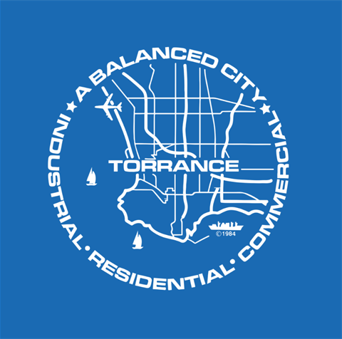 Outline of the official City of Torrance logo on a blue background