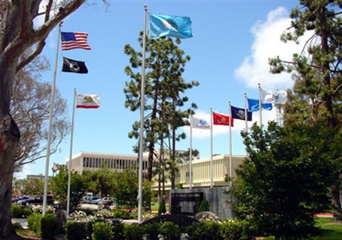 A view of City Hall from the Veterans Memorial Wall