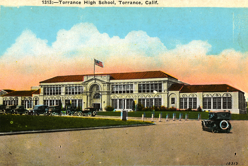 Old postcard of an illustration of Torrance High School