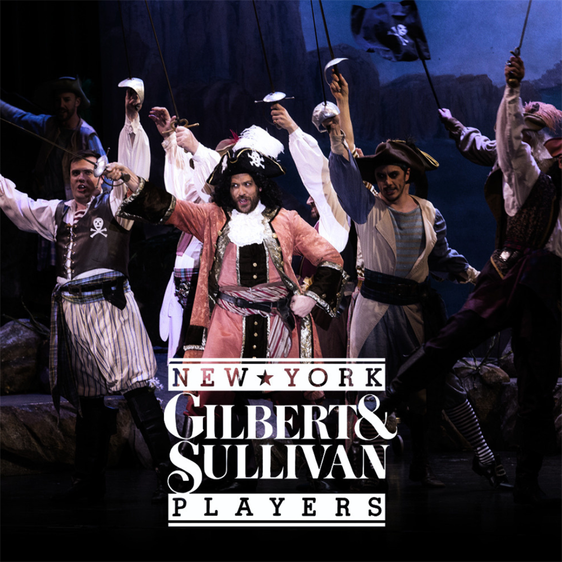 Image of a group of actors portraying pirates with text New York Players Gilbert & Sullivan