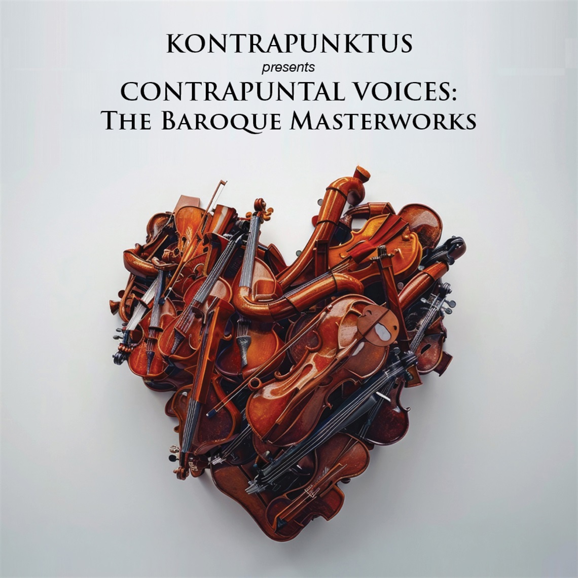 Image featuring violins in a heart shape with text that reads: KONTRAPUNKTUS CONTRAPUNTAL VOICES: The Baroque Masterworks