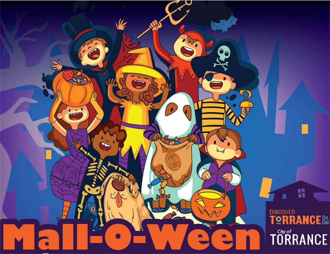 Graphic for “Mall-O-Ween” featuring children dressed in Halloween costumes, including a ghost, pirate, devil, and other festive characters.