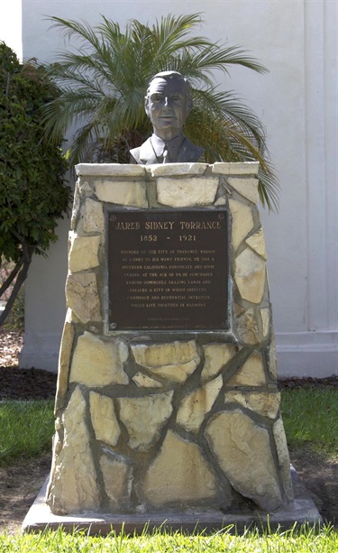 Bronze bust of Jared Sidney Torrance by artist Richard Wade on display in Torrance