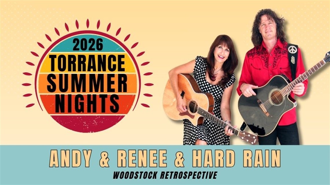 Image of bandmates Andy and Renee who are headlining 2026 Torrance Summer Nights concert featuring their Woodstock Retrospective
