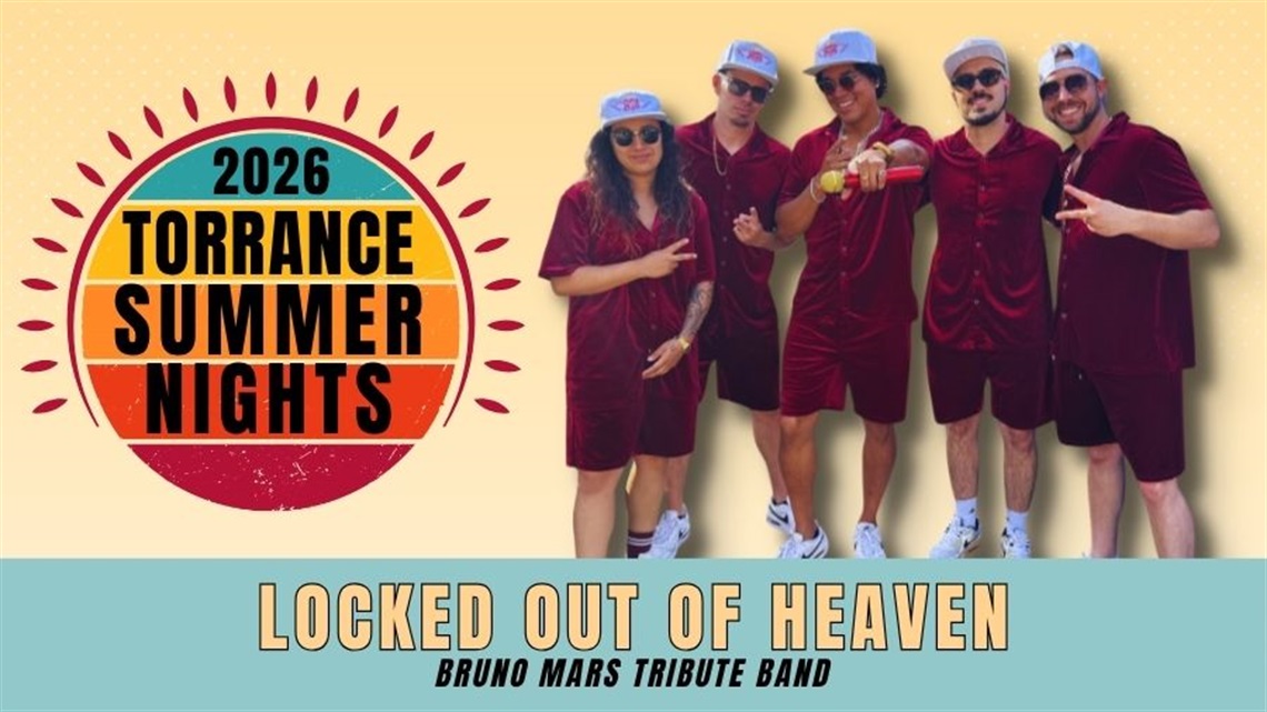 Image of the band Locked Out of Heaven, a Bruno Mars tribute band performing at the 2026 Torrance Summer Nights concert series
