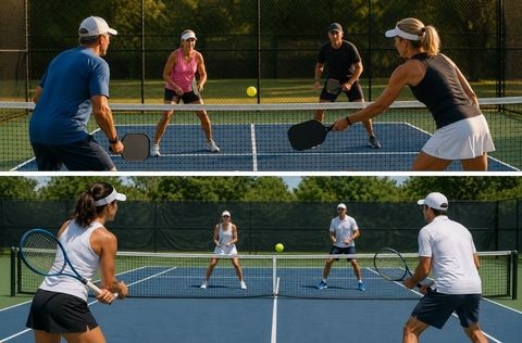 Collage of community members playing doubles pickleball on outdoor courts, with players rallying across the net during recreational matches.