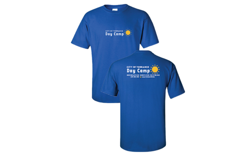 Front and back of Blue Torrance Day Camp shirt.
