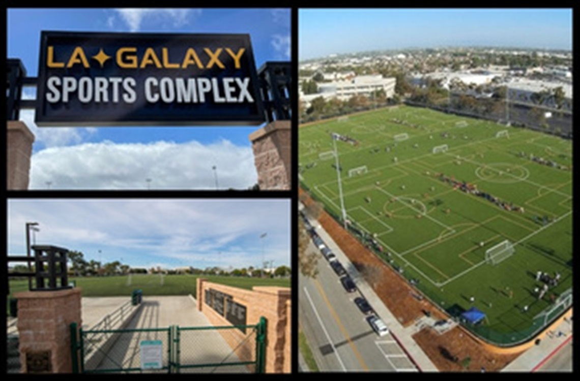 Collage of the LA Galaxy Sports Center entrance and playing fields
