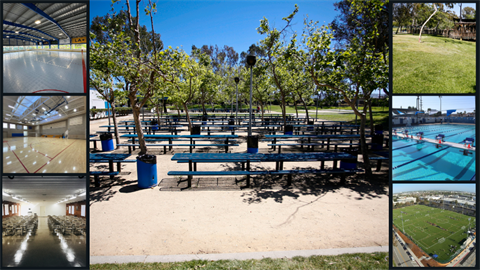 Collage of Torrance rental facilities: skating rink, picnic areas, outdoor pool, sports fields, and open grassy spaces