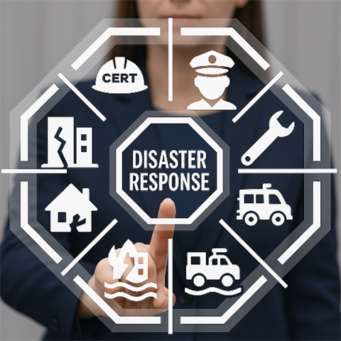 woman pointing at various icons representing disaster response such as police, fire, Public Works