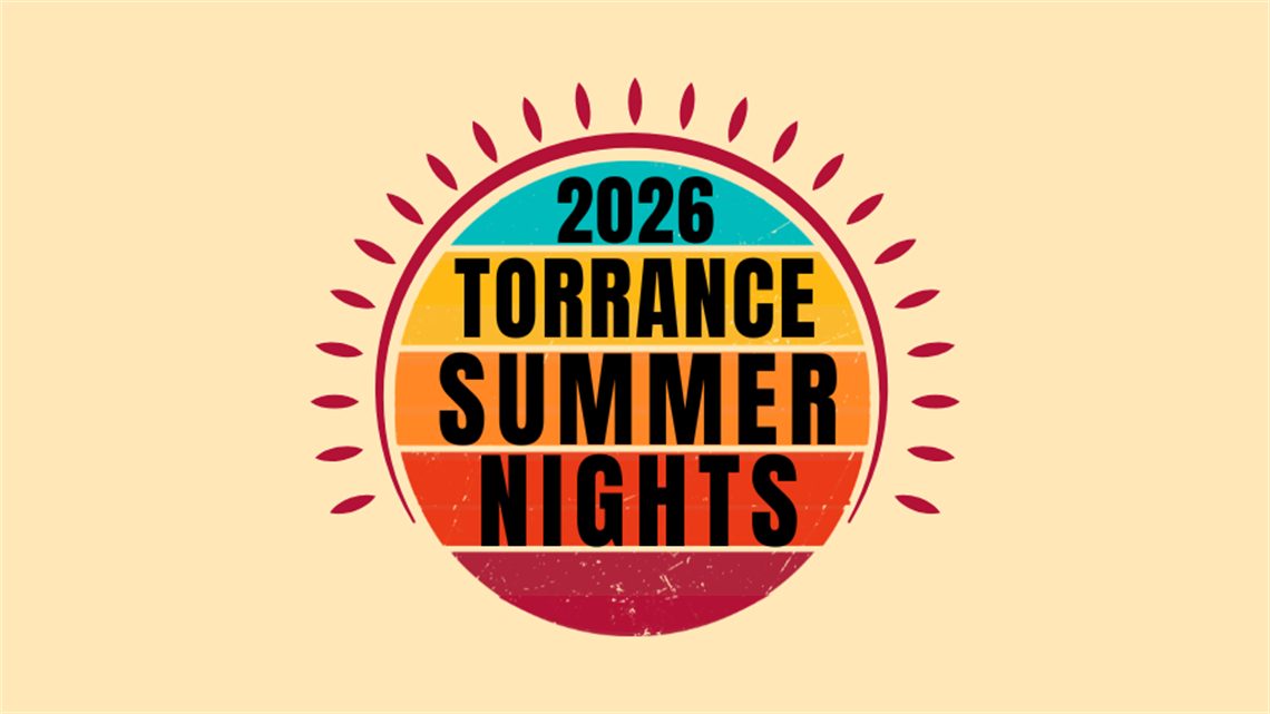 2026 Torrance Summer Nights logo featuring a retro sunset design with layered orange, yellow, teal, and red bands. Bold black text reads “2026 Torrance Summer Nights” centered inside a circular sun with decorative sun rays on a tan background.