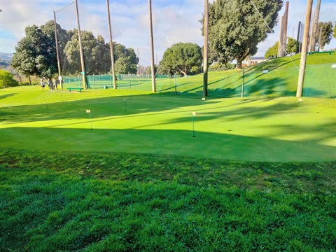 Golf course with manicured grass and surrounding trees